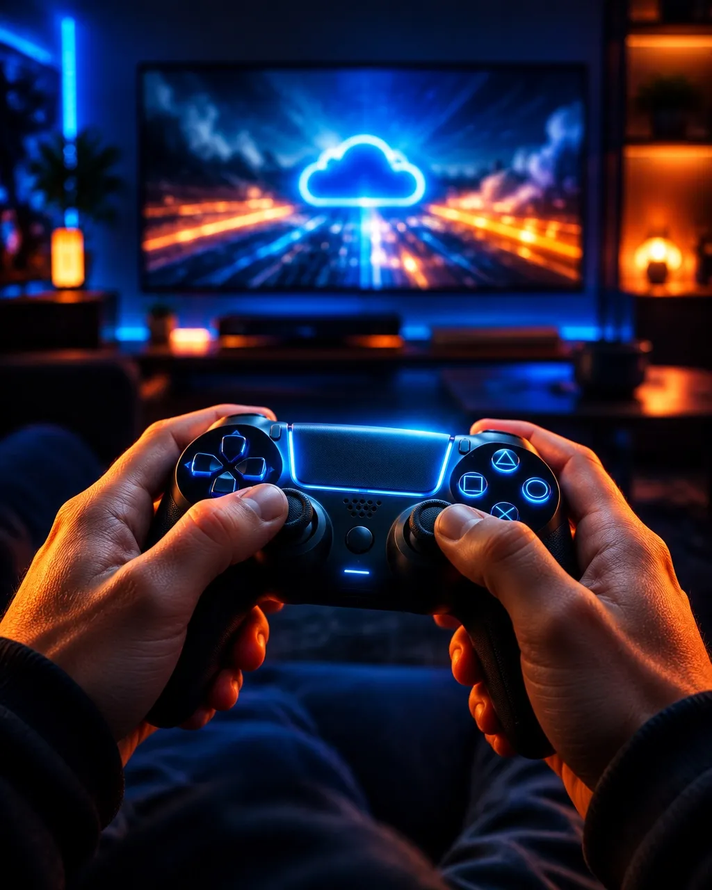 A game controller in a cinematic gaming setup