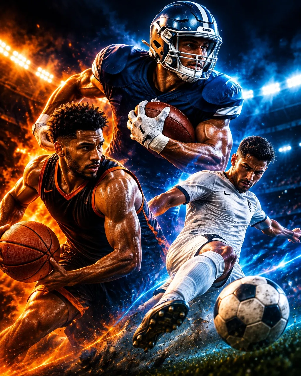 Live football and other sports in a lit stadium