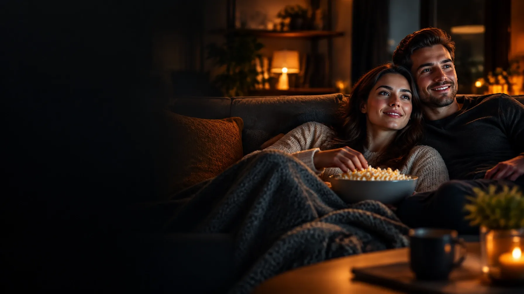 A couple enjoying a movie night together at home